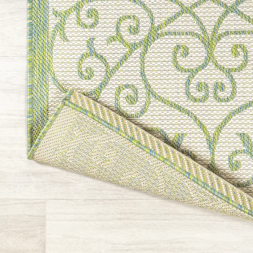 8' Cream And Green Geometric Indoor Outdoor Runner Rug Photo 9