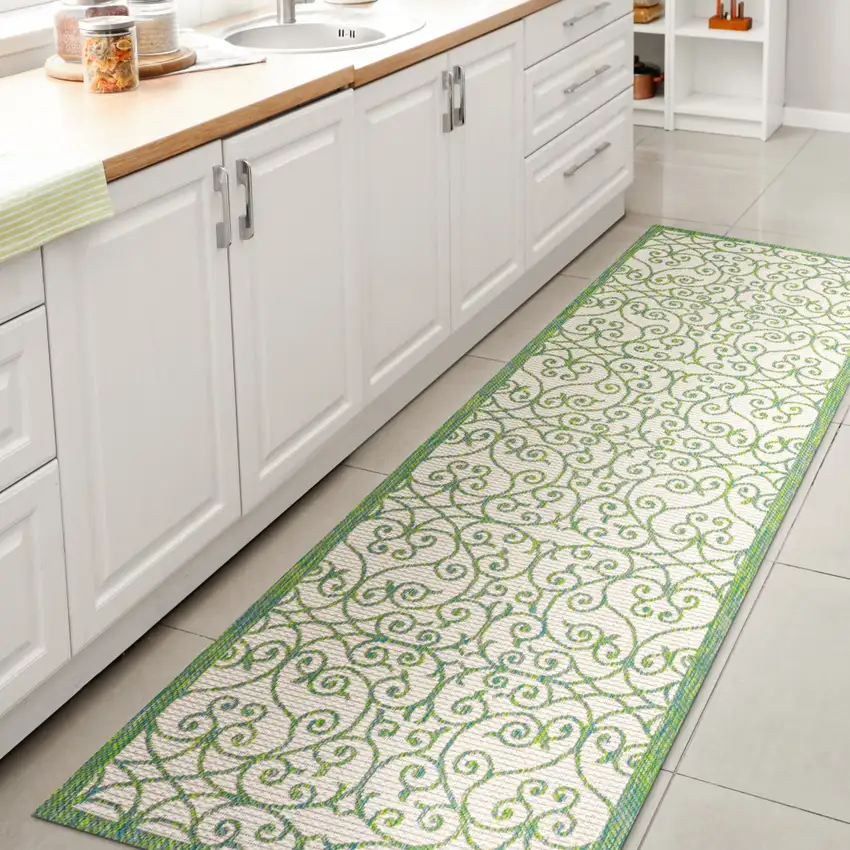 8' Cream And Green Geometric Indoor Outdoor Runner Rug Photo 6