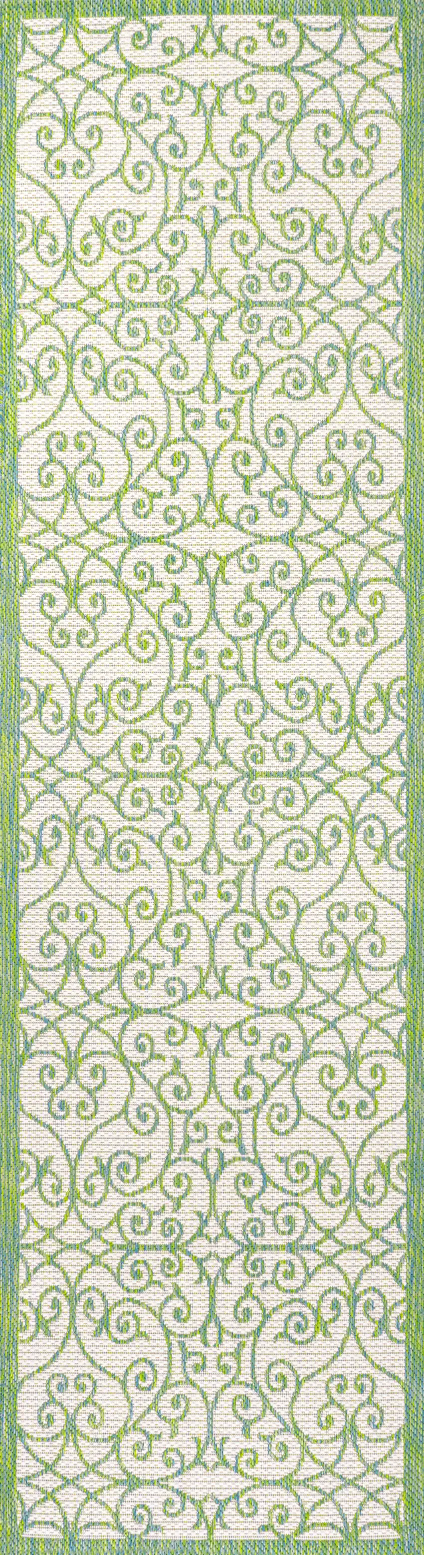 8' Cream And Green Geometric Indoor Outdoor Runner Rug Photo 1