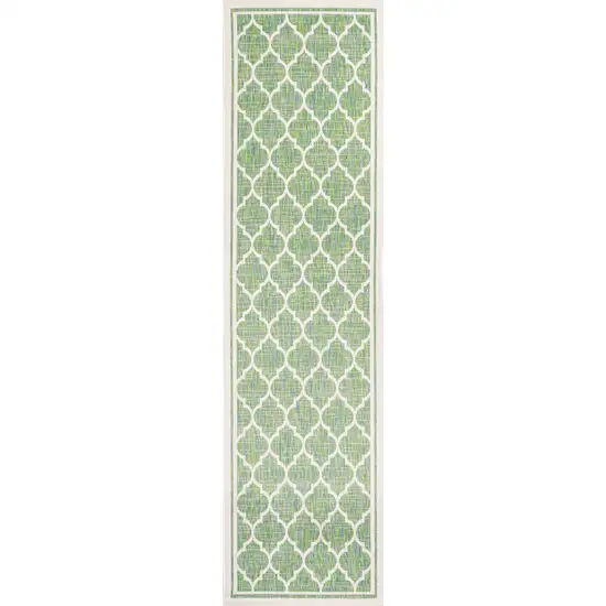 10' Cream And Green Geometric Indoor Outdoor Runner Rug Photo 3