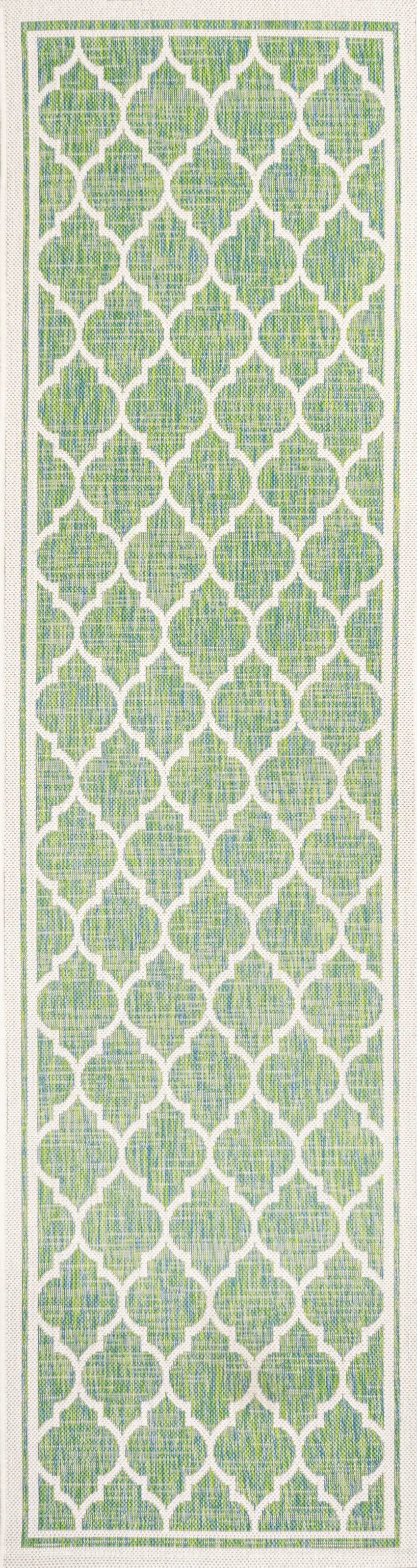10' Cream And Green Geometric Indoor Outdoor Runner Rug Photo 3