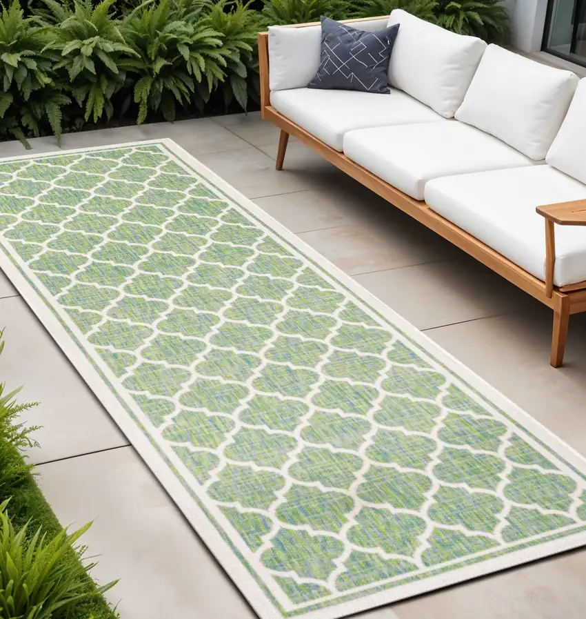 10' Cream And Green Geometric Indoor Outdoor Runner Rug Photo 1