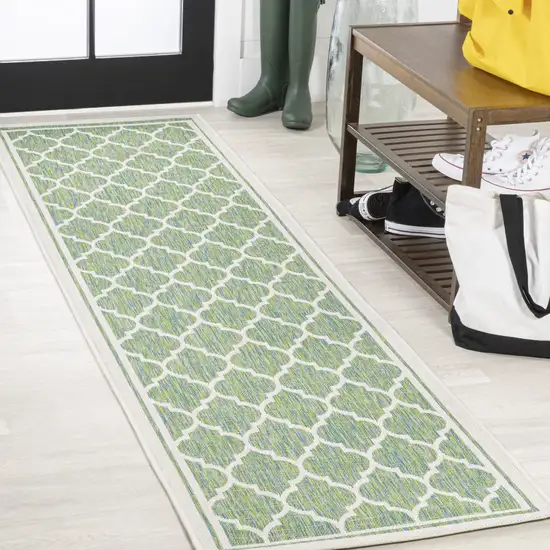 10' Cream And Green Geometric Indoor Outdoor Runner Rug Photo 4