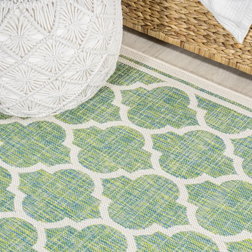 10' Cream And Green Geometric Indoor Outdoor Runner Rug Photo 7