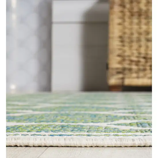 8' Cream And Green Geometric Indoor Outdoor Runner Rug Photo 5