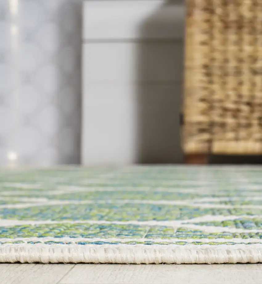 8' Cream And Green Geometric Indoor Outdoor Runner Rug Photo 5