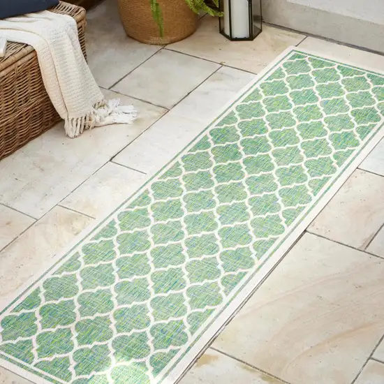 8' Cream And Green Geometric Indoor Outdoor Runner Rug Photo 5