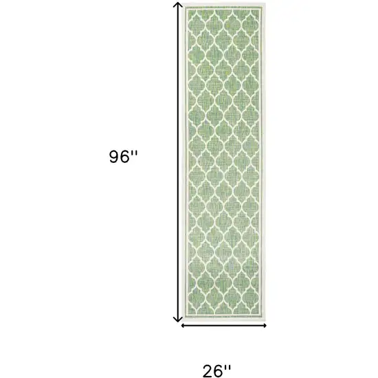 8' Cream And Green Geometric Indoor Outdoor Runner Rug Photo 6