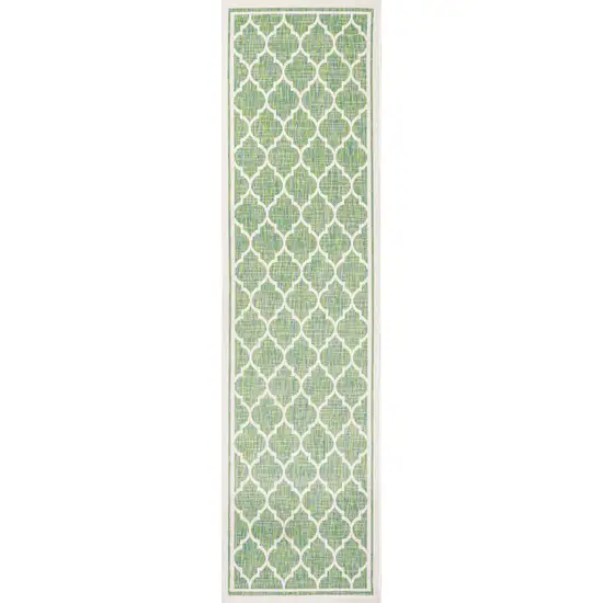 8' Cream And Green Geometric Indoor Outdoor Runner Rug Photo 1