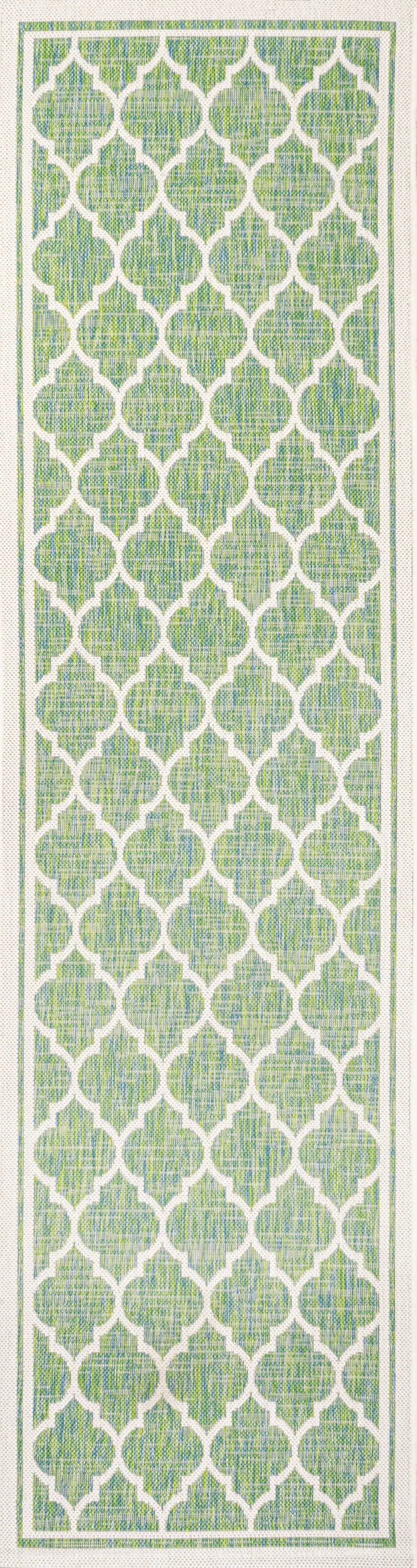 8' Cream And Green Geometric Indoor Outdoor Runner Rug Photo 1