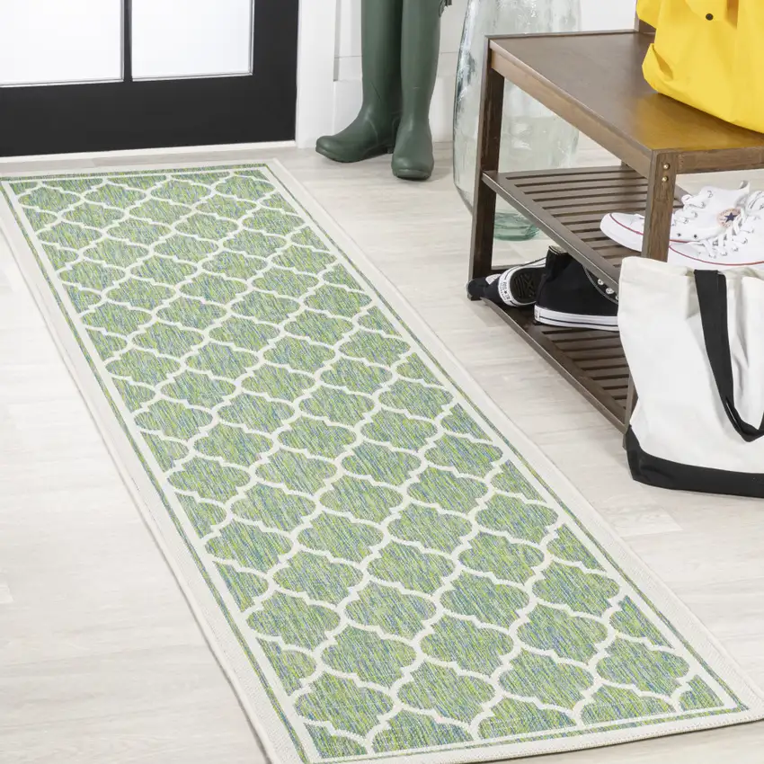 8' Cream And Green Geometric Indoor Outdoor Runner Rug Photo 4