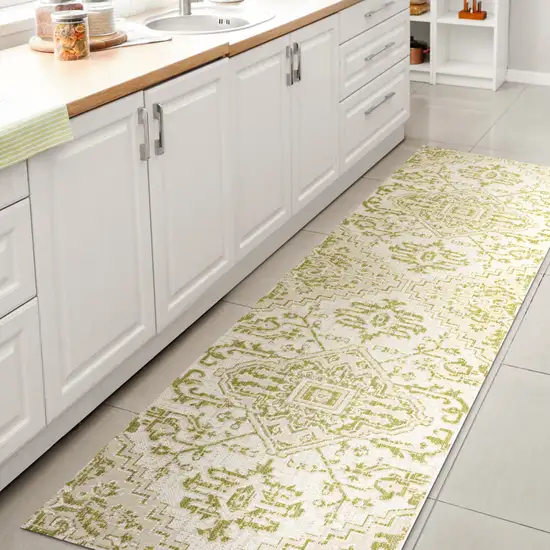 10' Cream And Green Medallion Indoor Outdoor Runner Rug Photo 6