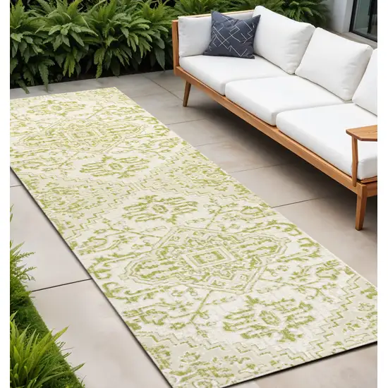 8' Cream And Green Medallion Indoor Outdoor Runner Rug Photo 1