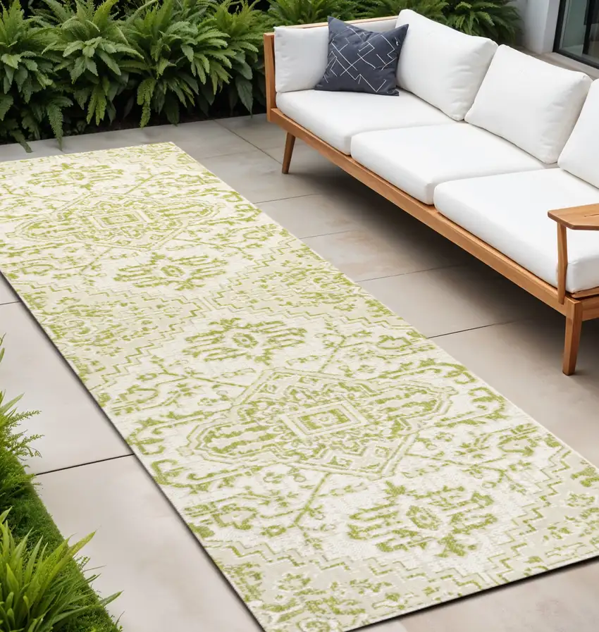 8' Cream And Green Medallion Indoor Outdoor Runner Rug Photo 1
