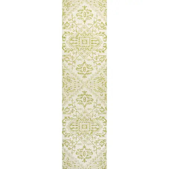 8' Cream And Green Medallion Indoor Outdoor Runner Rug Photo 1
