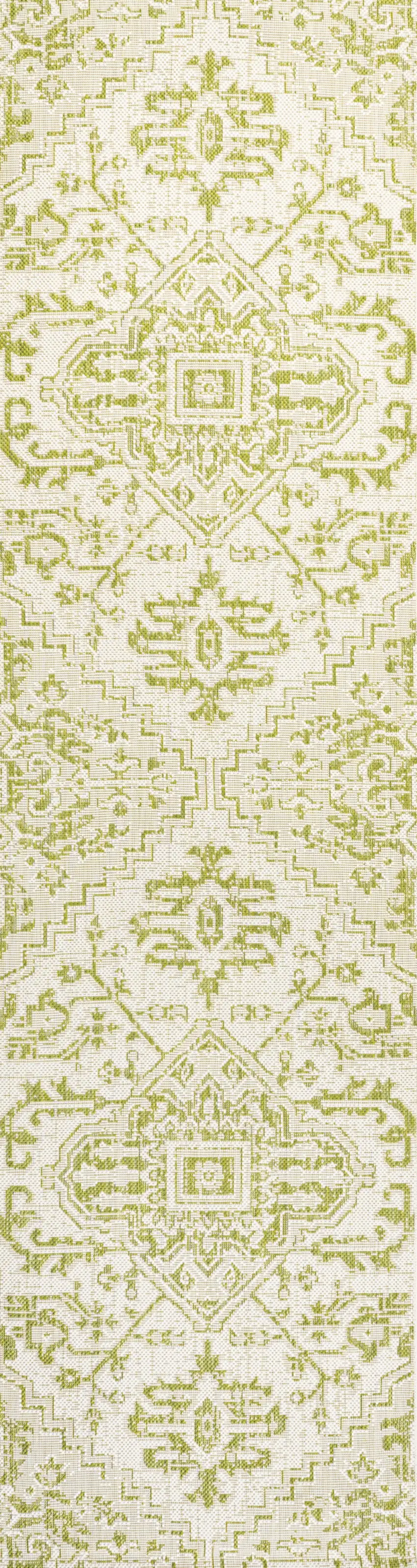 8' Cream And Green Medallion Indoor Outdoor Runner Rug Photo 1