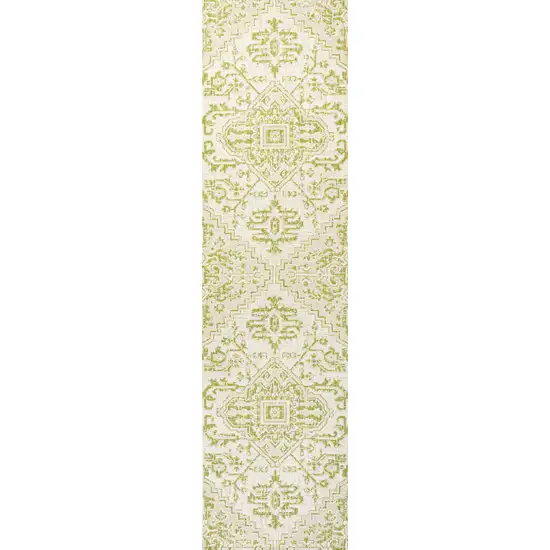 8' Cream And Green Medallion Indoor Outdoor Runner Rug Photo 2