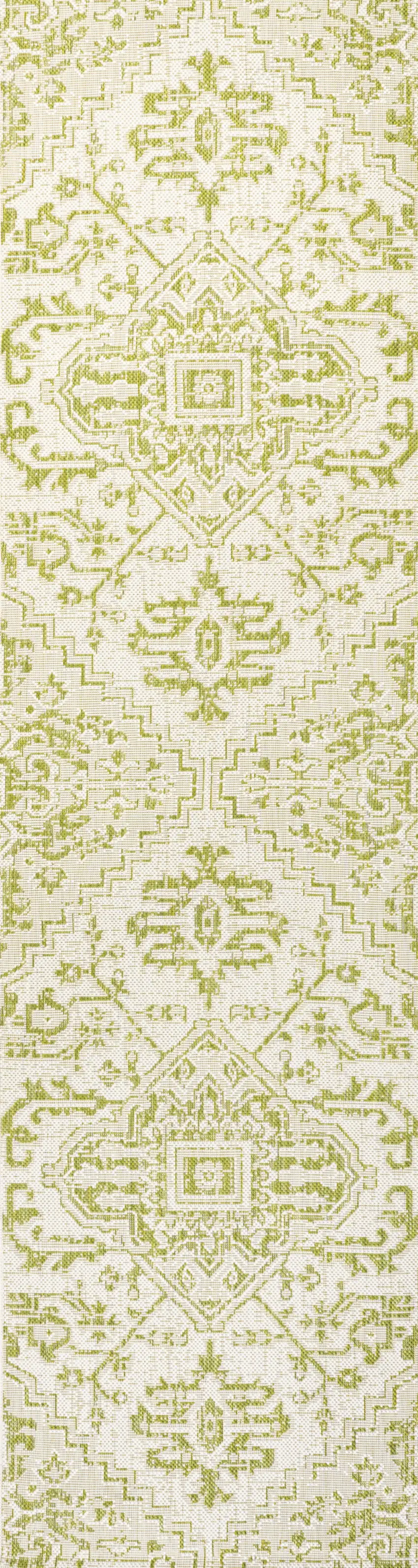 8' Cream And Green Medallion Indoor Outdoor Runner Rug Photo 2
