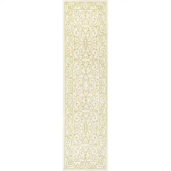 10' Cream And Green Medallion Indoor Outdoor Runner Rug Photo 3