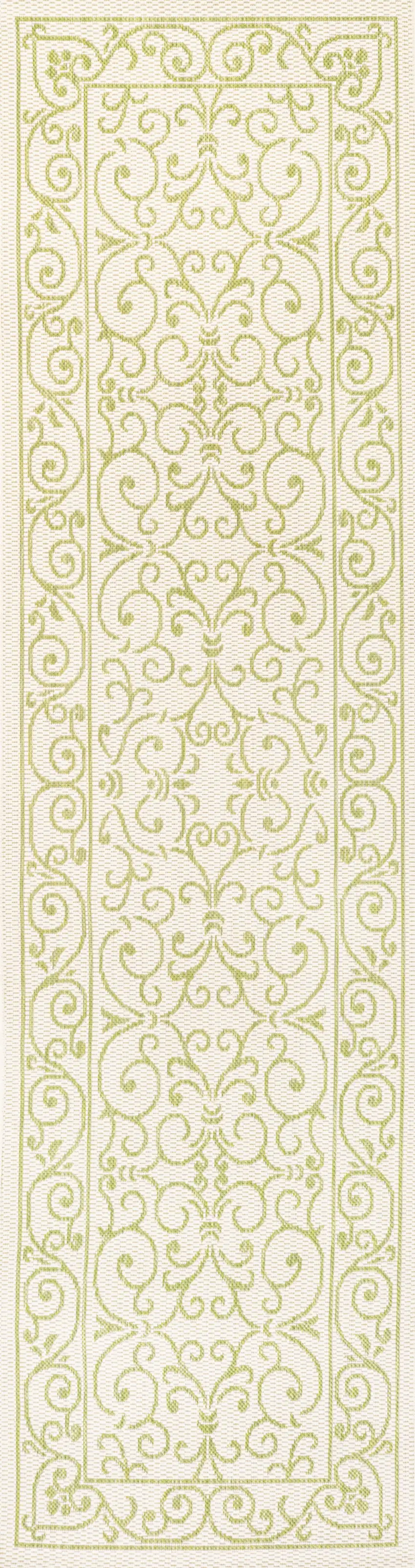 10' Cream And Green Medallion Indoor Outdoor Runner Rug Photo 3
