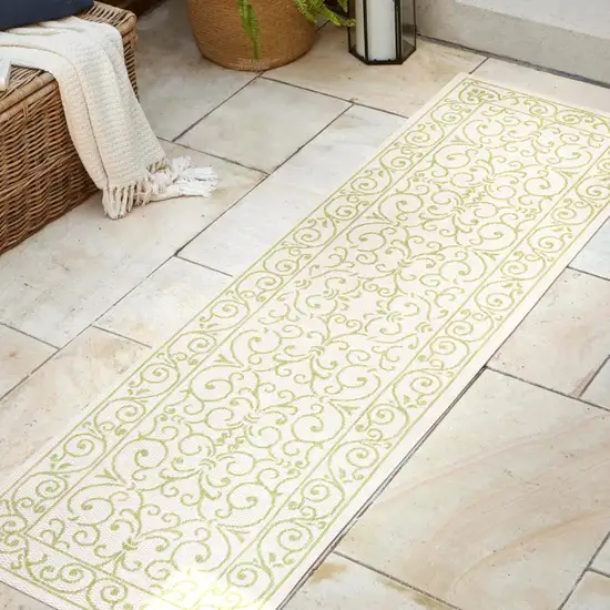 10' Cream And Green Medallion Indoor Outdoor Runner Rug Photo 5