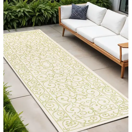 10' Cream And Green Medallion Indoor Outdoor Runner Rug Photo 1