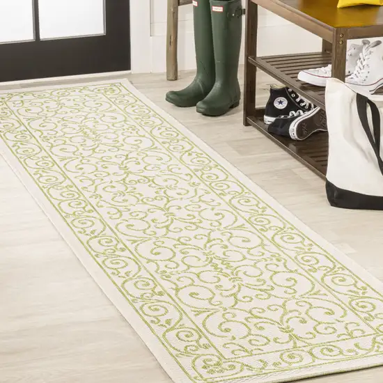 10' Cream And Green Medallion Indoor Outdoor Runner Rug Photo 4
