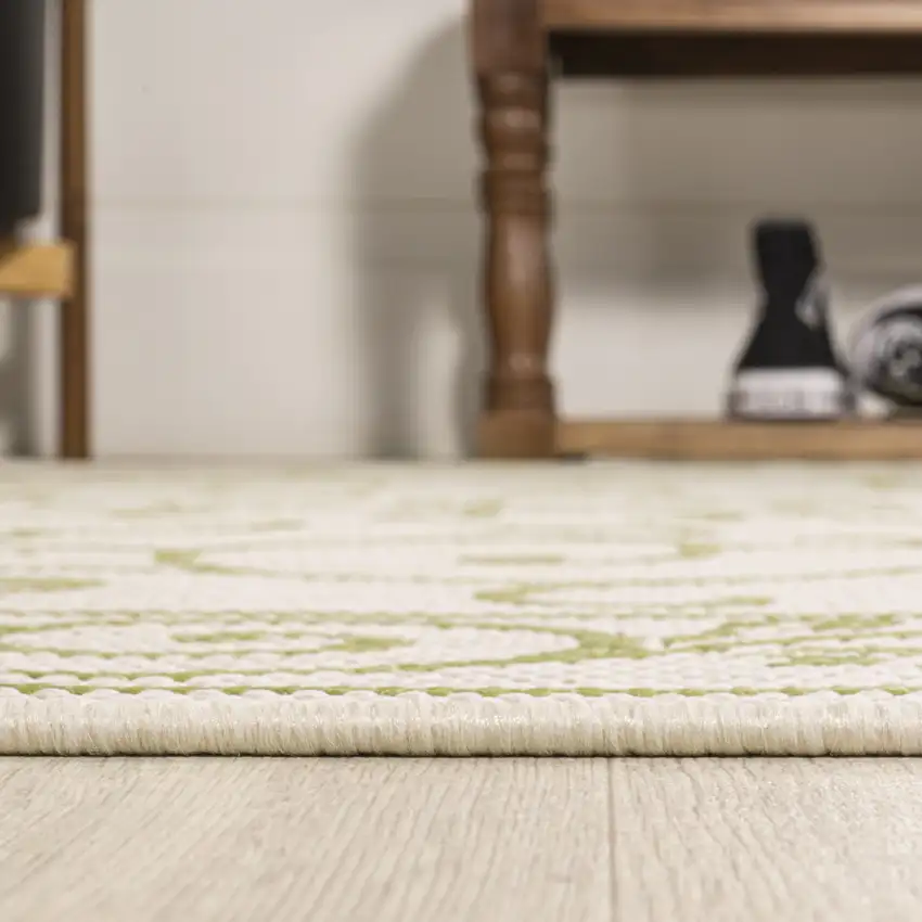 10' Cream And Green Medallion Indoor Outdoor Runner Rug Photo 7