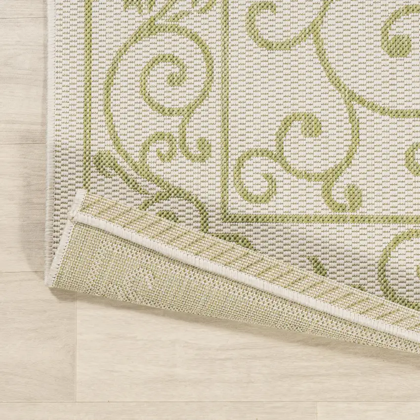 10' Cream And Green Medallion Indoor Outdoor Runner Rug Photo 9