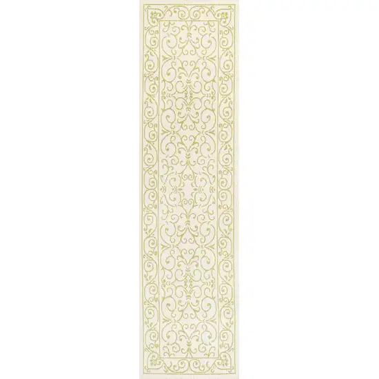 8' Cream And Green Medallion Indoor Outdoor Runner Rug Photo 1