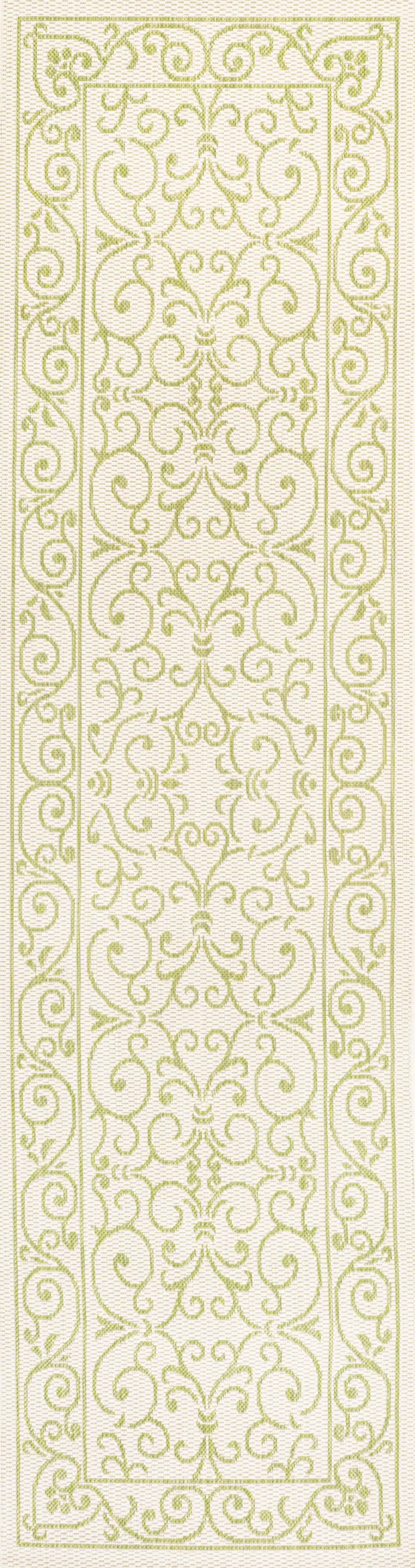 8' Cream And Green Medallion Indoor Outdoor Runner Rug Photo 1