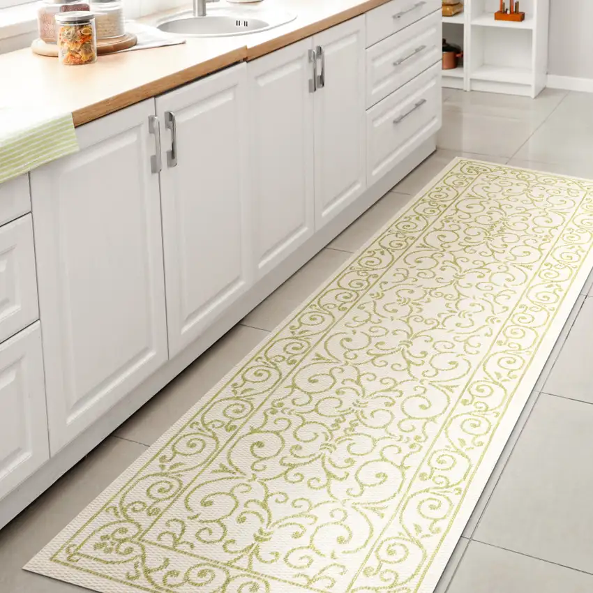 8' Cream And Green Medallion Indoor Outdoor Runner Rug Photo 6