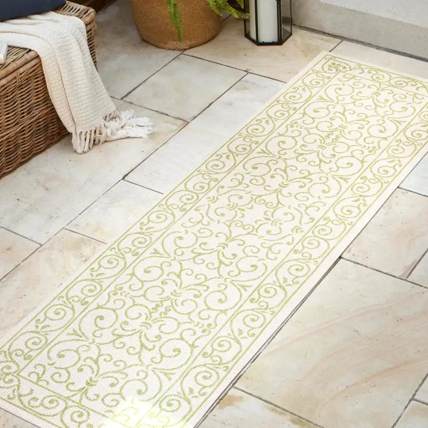 8' Cream And Green Medallion Indoor Outdoor Runner Rug Photo 5