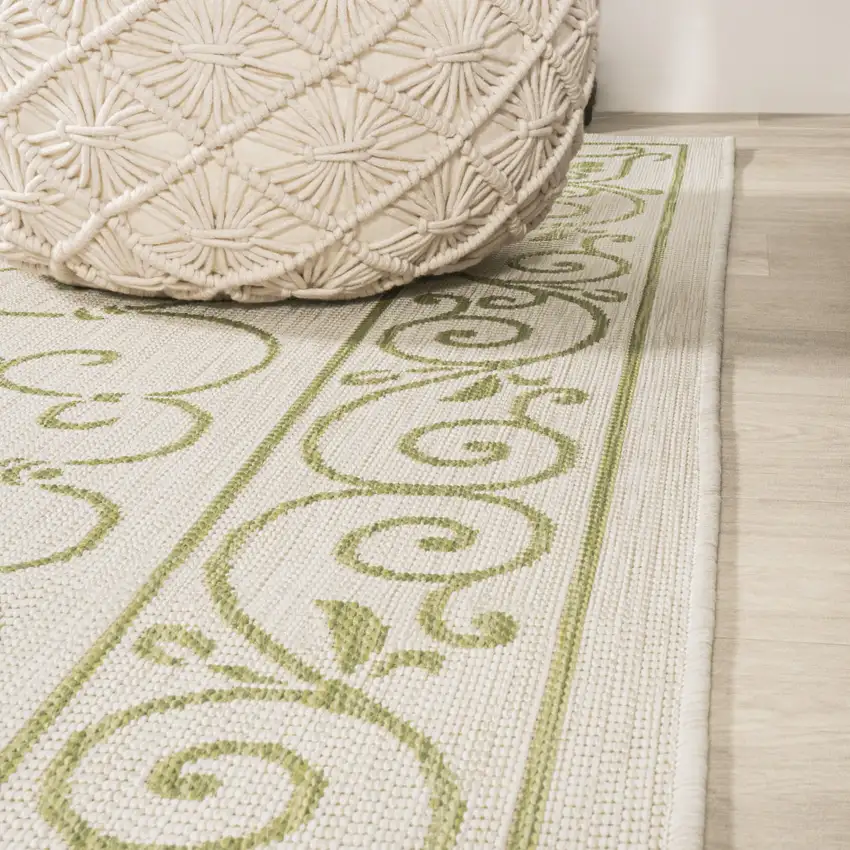 8' Cream And Green Medallion Indoor Outdoor Runner Rug Photo 9