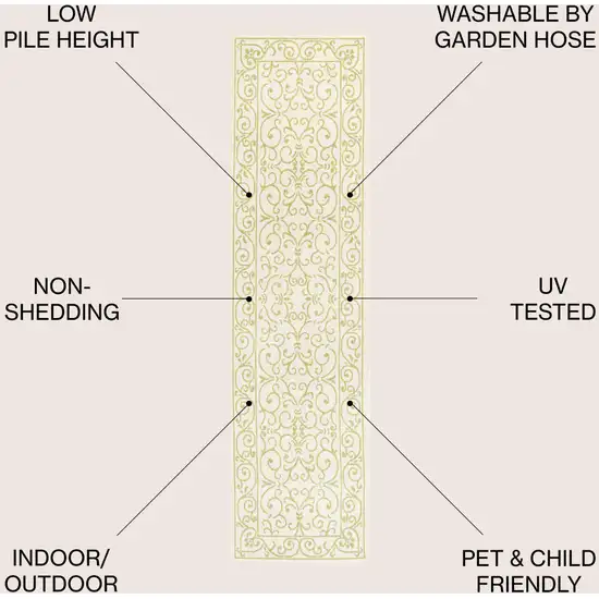 8' Cream And Green Medallion Indoor Outdoor Runner Rug Photo 9