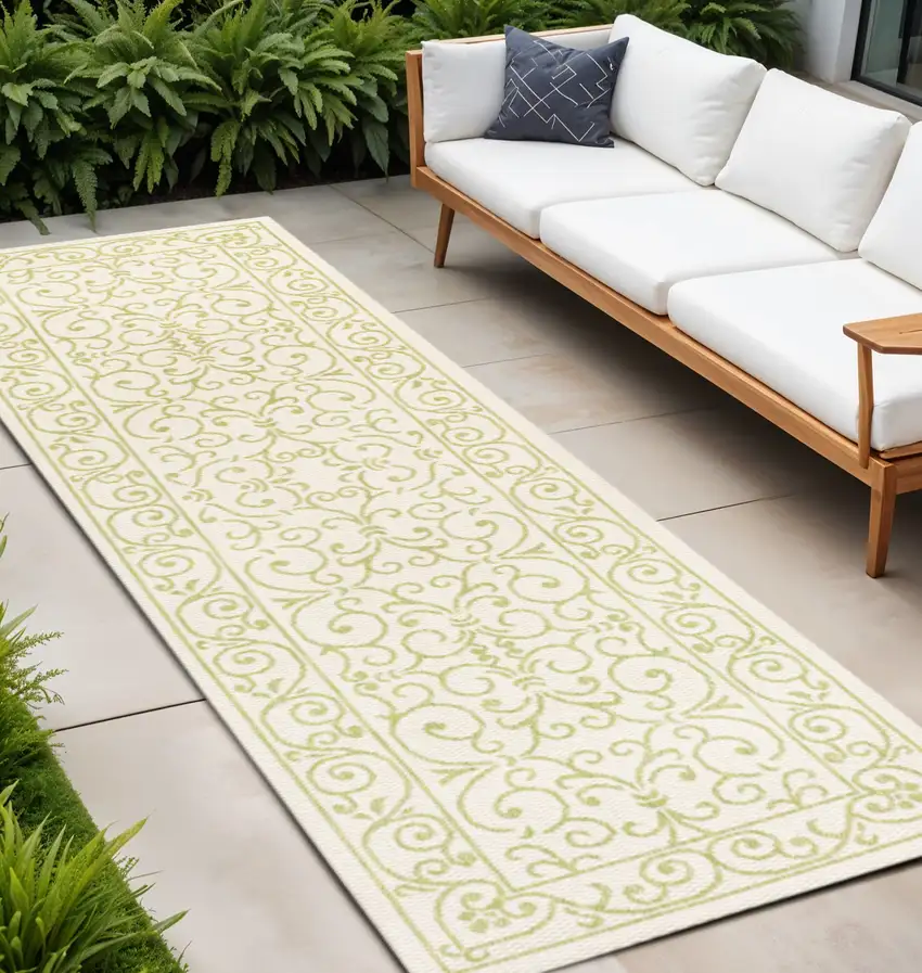 8' Cream And Green Medallion Indoor Outdoor Runner Rug Photo 1