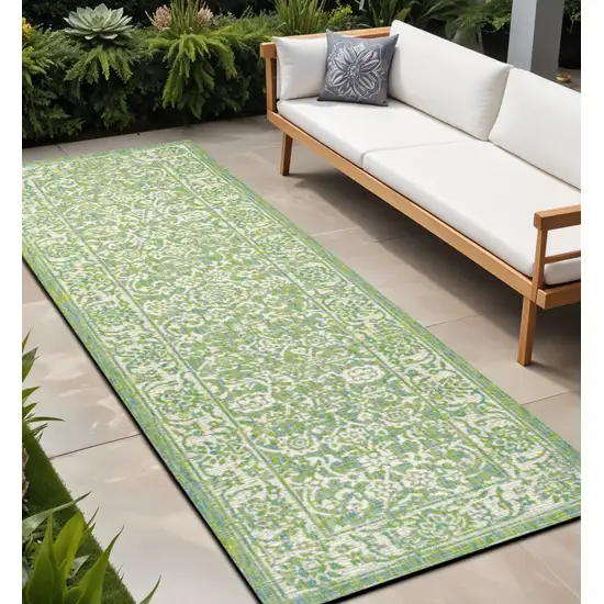 10' Cream And Green Medallion Indoor Outdoor Runner Rug Photo 1