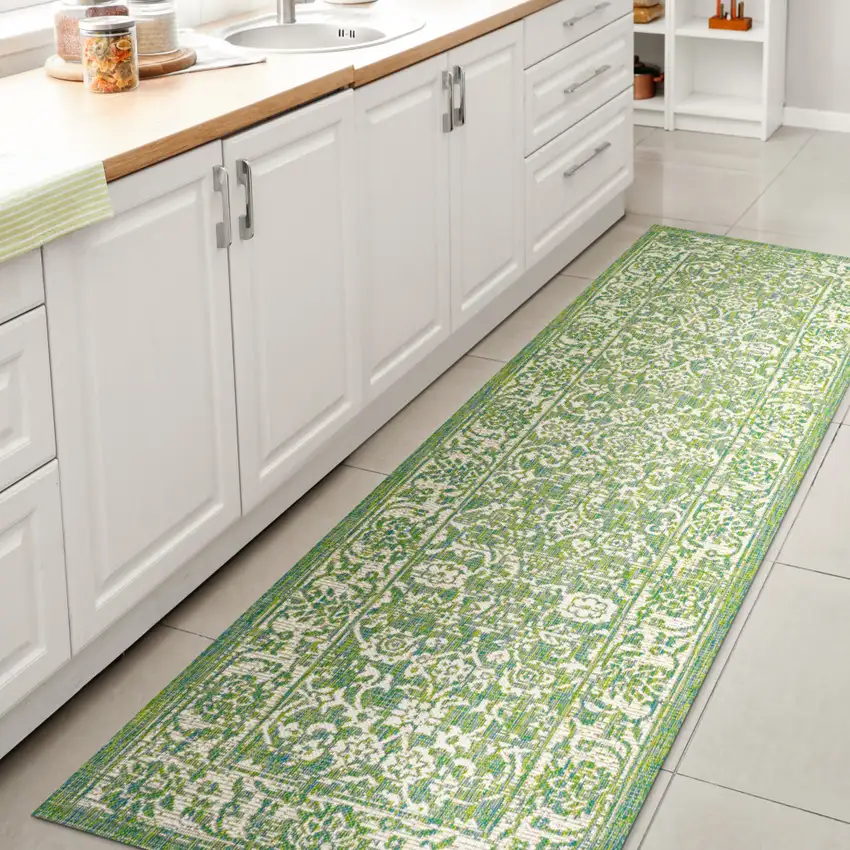 10' Cream And Green Medallion Indoor Outdoor Runner Rug Photo 5