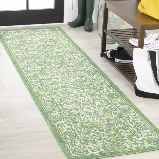 10' Cream And Green Medallion Indoor Outdoor Runner Rug Photo 3
