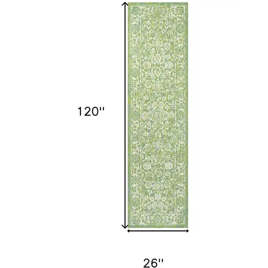 10' Cream And Green Medallion Indoor Outdoor Runner Rug Photo 7