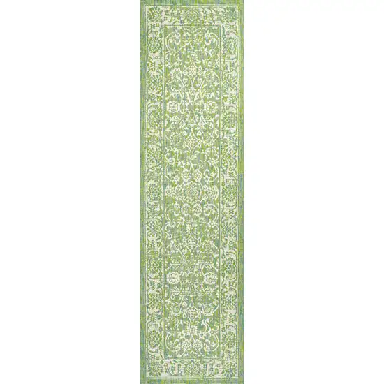 10' Cream And Green Medallion Indoor Outdoor Runner Rug Photo 2
