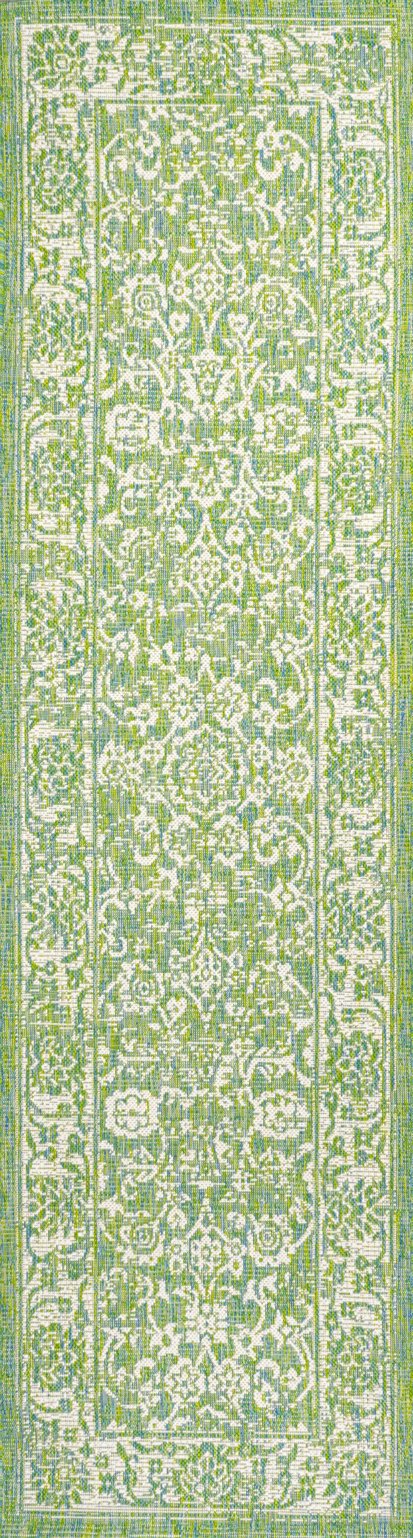 10' Cream And Green Medallion Indoor Outdoor Runner Rug Photo 2