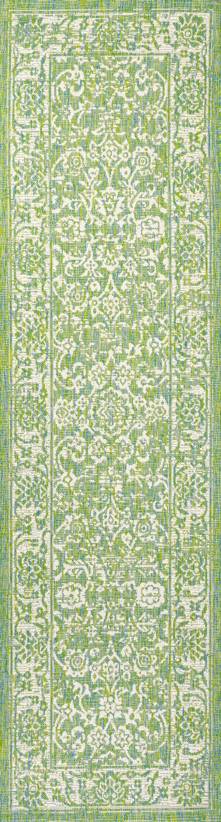 10' Cream And Green Medallion Indoor Outdoor Runner Rug Photo 1