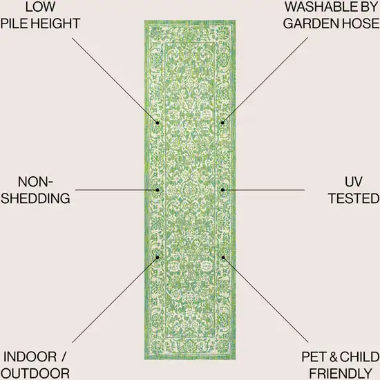 10' Cream And Green Medallion Indoor Outdoor Runner Rug Photo 7