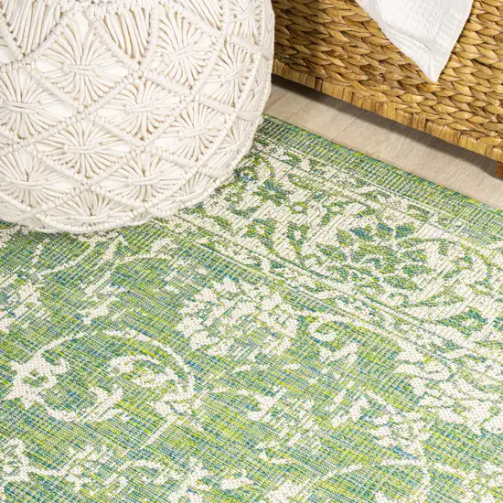 10' Cream And Green Medallion Indoor Outdoor Runner Rug Photo 6