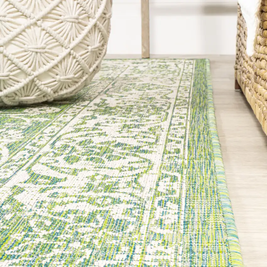 8' Cream And Green Medallion Indoor Outdoor Runner Rug Photo 7