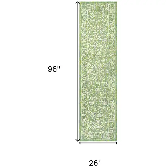 8' Cream And Green Medallion Indoor Outdoor Runner Rug Photo 6
