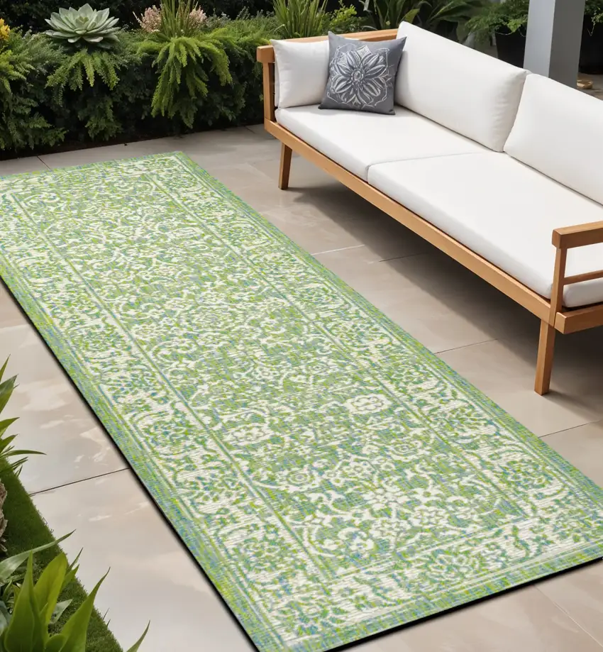 8' Cream And Green Medallion Indoor Outdoor Runner Rug Photo 1