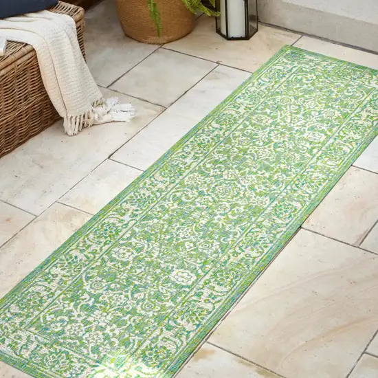 8' Cream And Green Medallion Indoor Outdoor Runner Rug Photo 5