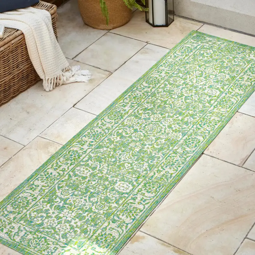 8' Cream And Green Medallion Indoor Outdoor Runner Rug Photo 5